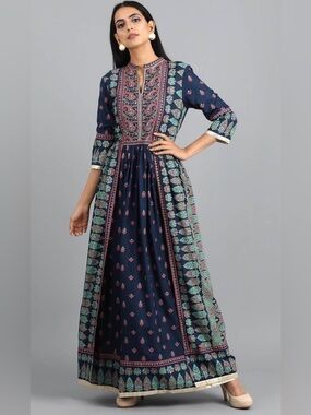 Festive Vibrant Rayon Printed Blue Flared Anarkali Indian Branded Dress Medium